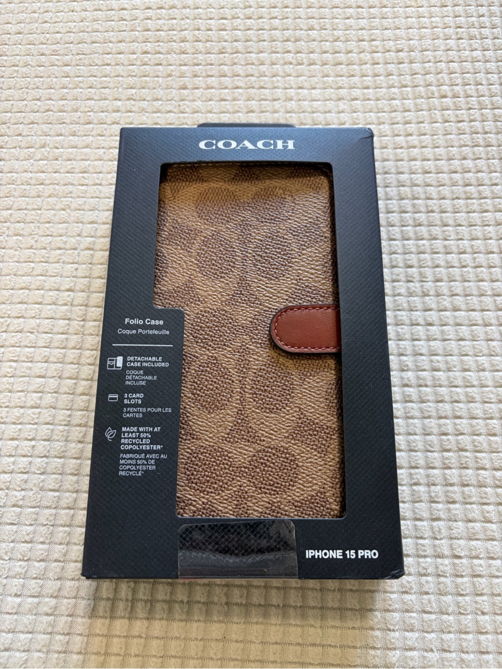 Coach Folio Case for iPhone 15 Pro Brown Signature Leather Wallet Phone Cover